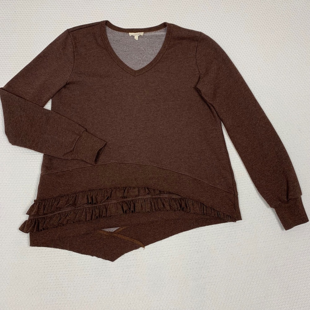 Anthropologie Mystree Womens S Brown Ruffle Asymmetrical Hem V-Neck Sweatshirt